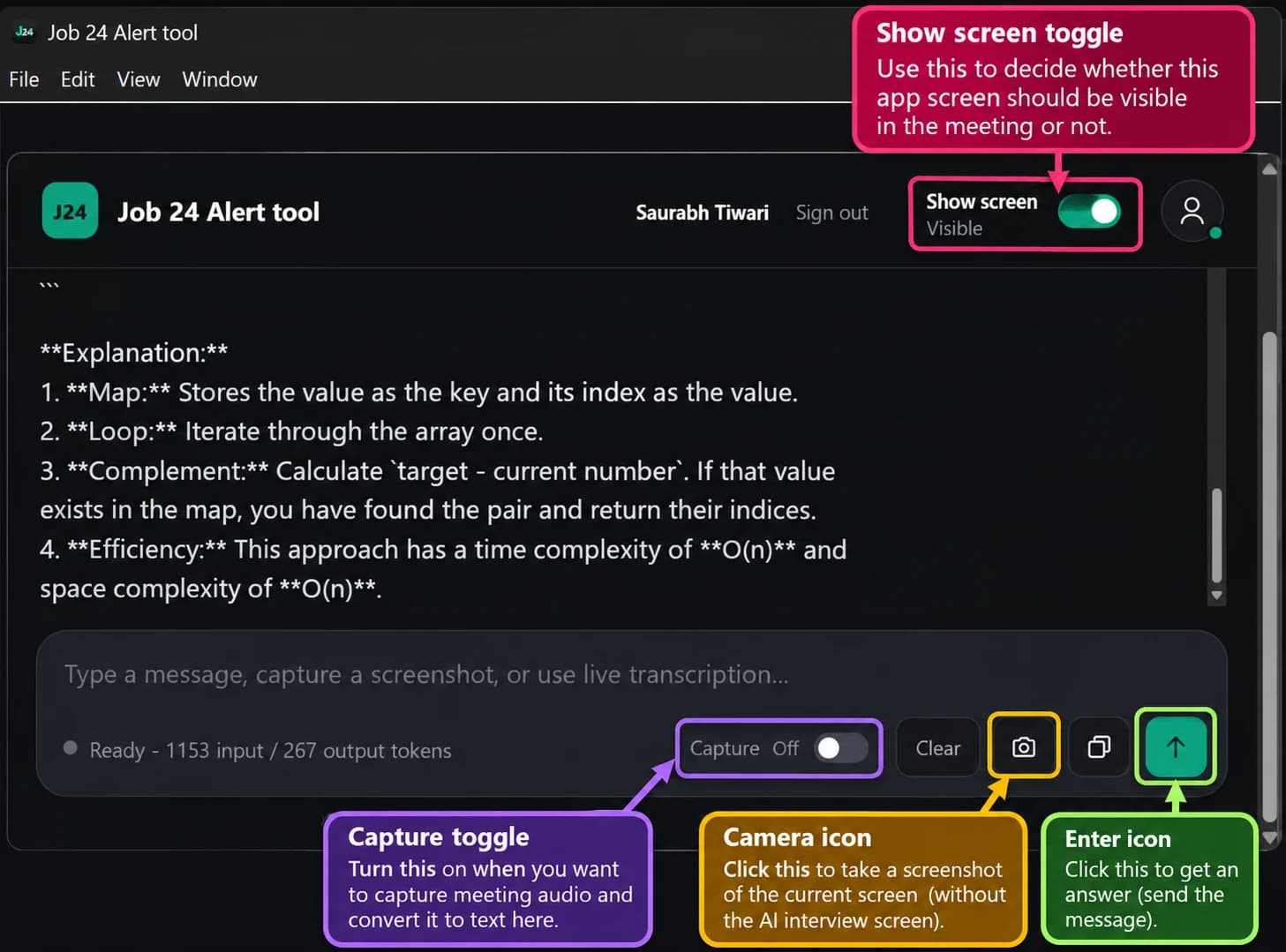 Annotated tour of the Job 24 Alert interview assistant controls